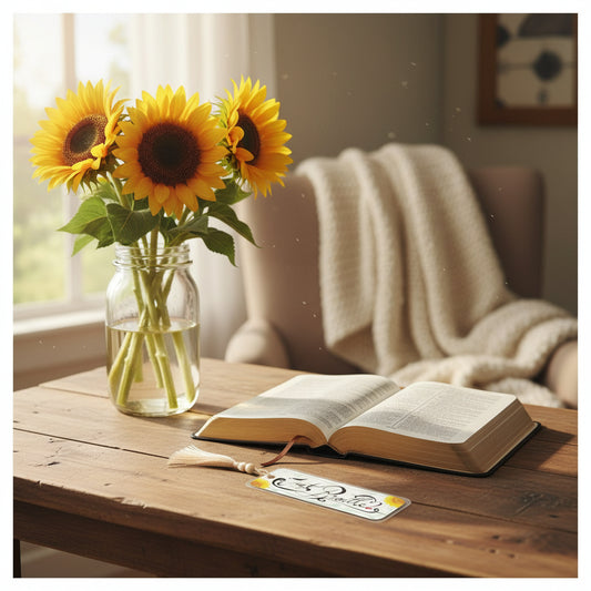 A watercolor bookmark with a beige tassel, featuring the hand-lettered phrase 'Just Breathe' in black script, decorated with yellow sunflower illustrations.