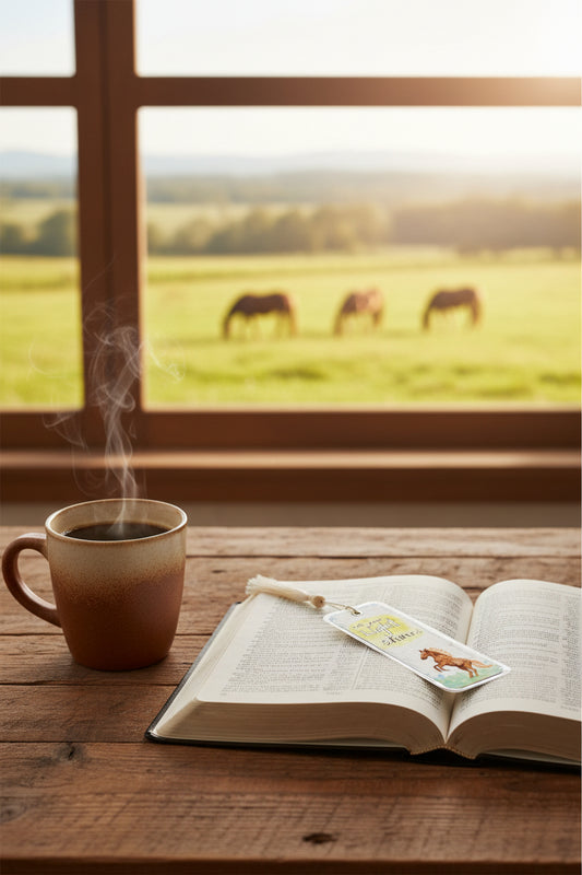 A rectangular laminated watercolor bookmark with a cream tassel and wooden bead. The bookmark features the text 'Let your Light shine' in a yellow gradient and an illustration of a brown horse.