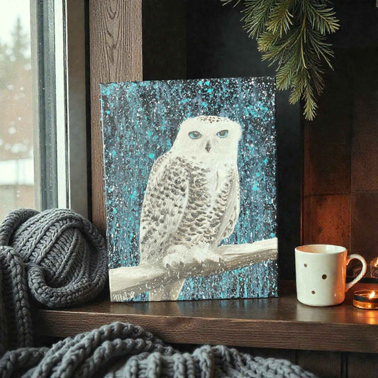 A 14x11" canvas oil painting featuring a snowy owl perched on a branch against a black and teal background, displayed on a wooden windowsill with a gray knit blanket, a white mug, and a warm candle nearby.