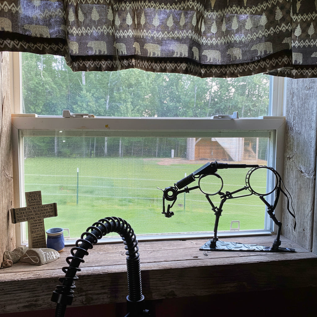 A rustic window sill scene with a black metal horsse sculpture, a wooden cross, and a coiled black hose in the foreground. The window shows an outdoor view of a green pasture and trees, with a patterned curtain above.