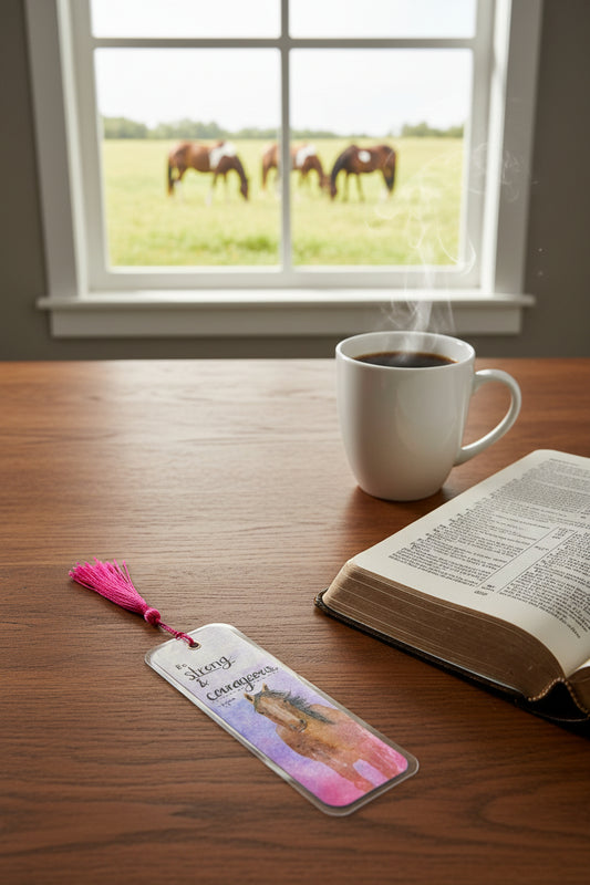 A rectangular laminated watercolor bookmark with a bright pink tassel, featuring a watercolor illustration of a brown horse and the words 'Be Strong & courageous'.