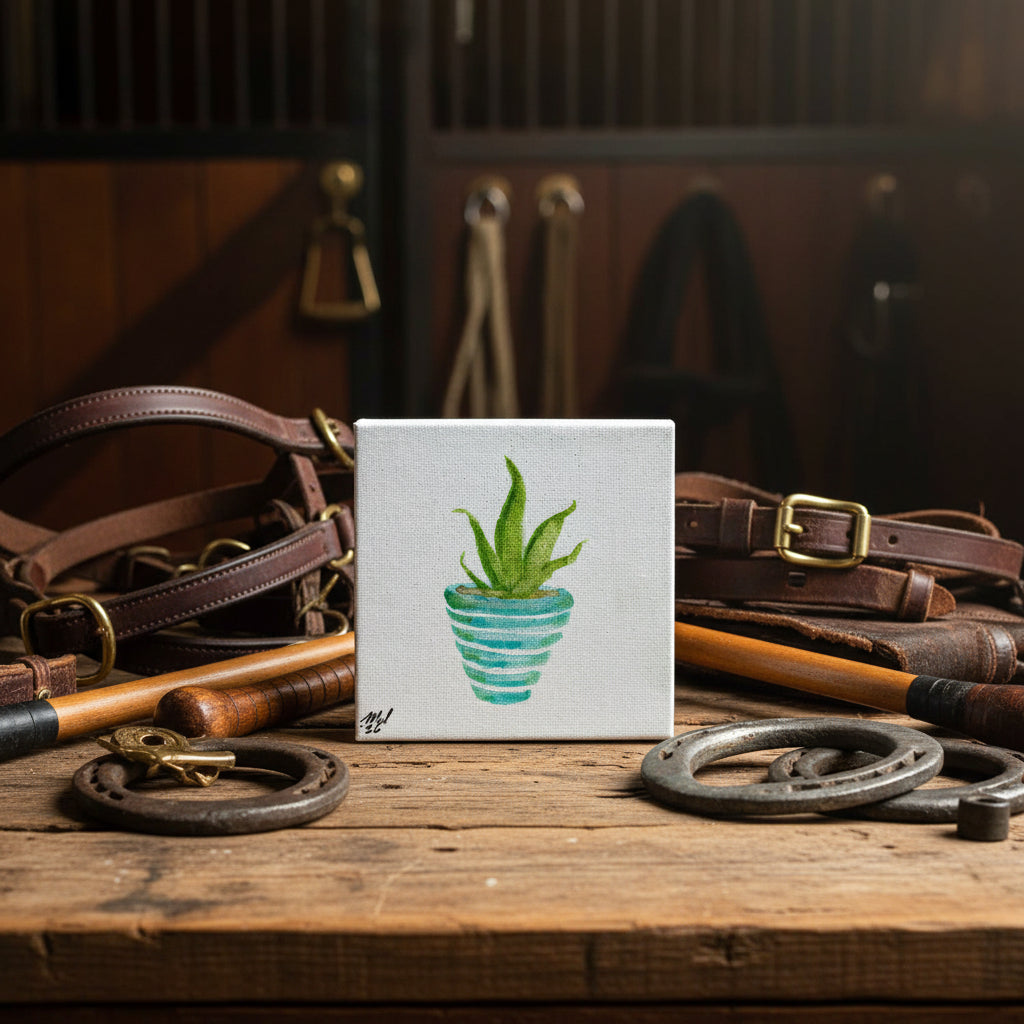 A square canvas painting featuring a green succulent plant in a teal striped pot, displayed on a rustic wooden surface with leather props in the background.