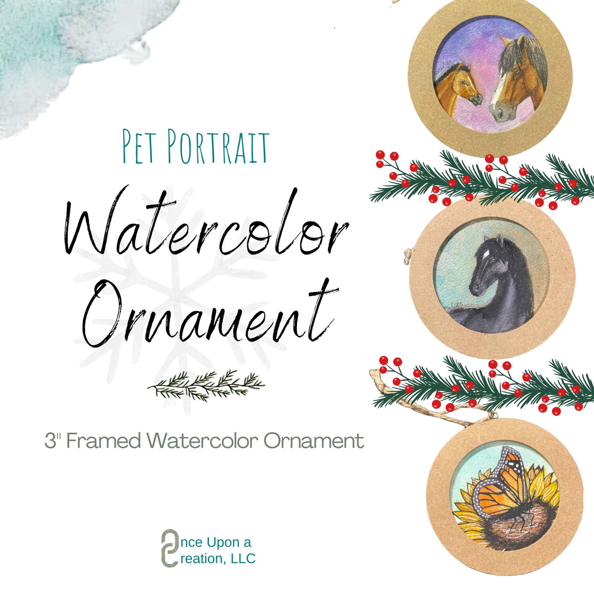 Pet Portrait - 3" Framed Watercolor Ornament