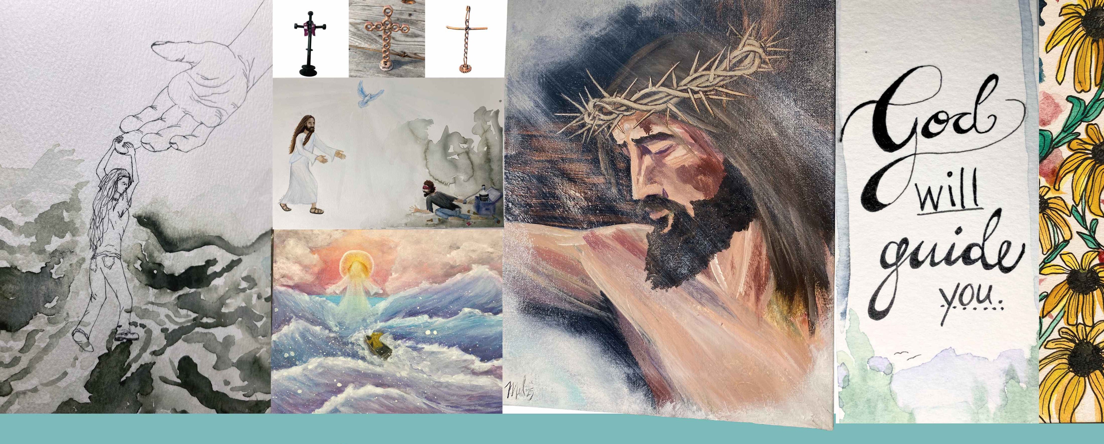 A collage of Christian-themed artwork panels, including a hand reaching down, figures in a storm, Jesus with a crown of thorns, and a floral design with the words 'God will guide you.' 