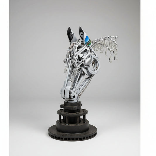 A handmade metal horse head sculpture with a white body, clear hanging teardrop crystals, and a small Wisconsin farm painted on both ears.