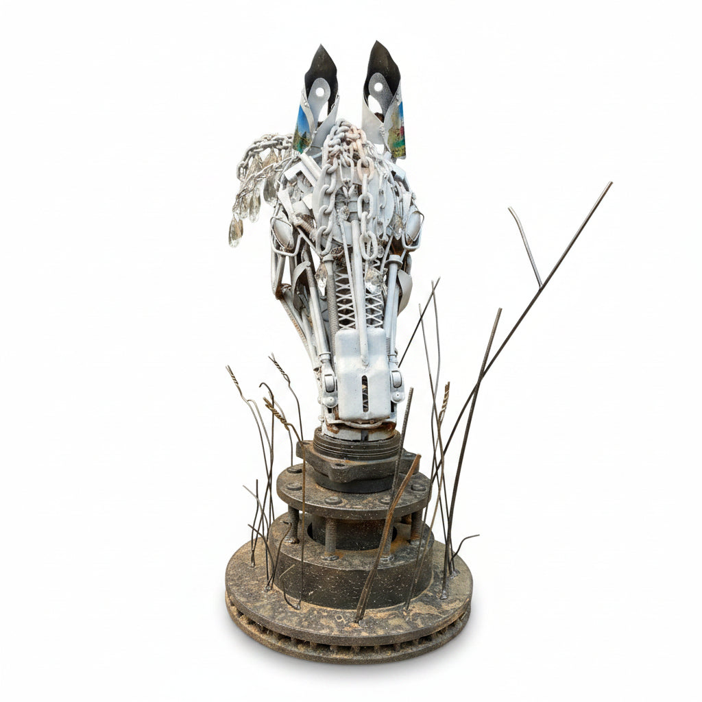 A rustic metal sculpture of a horse head mounted on a circular base.