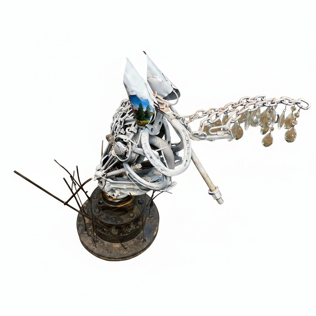 A rustic metal horse head sculpture or decorative outdoor piece made from chains, clear teardrop crystals from an antique chandelier.