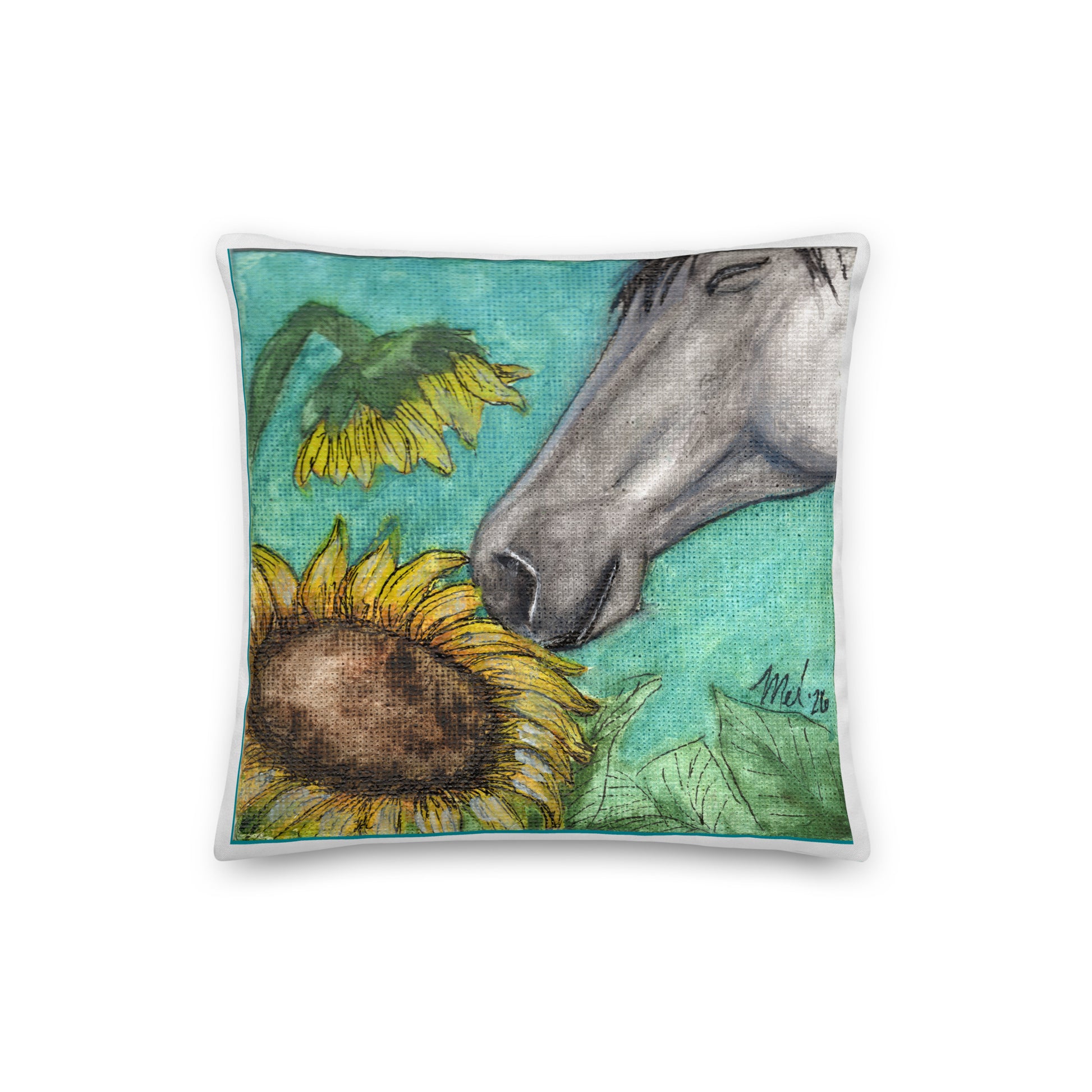 A premium throw pillow with an original watercolor art print of a horse smelling a sunflower.