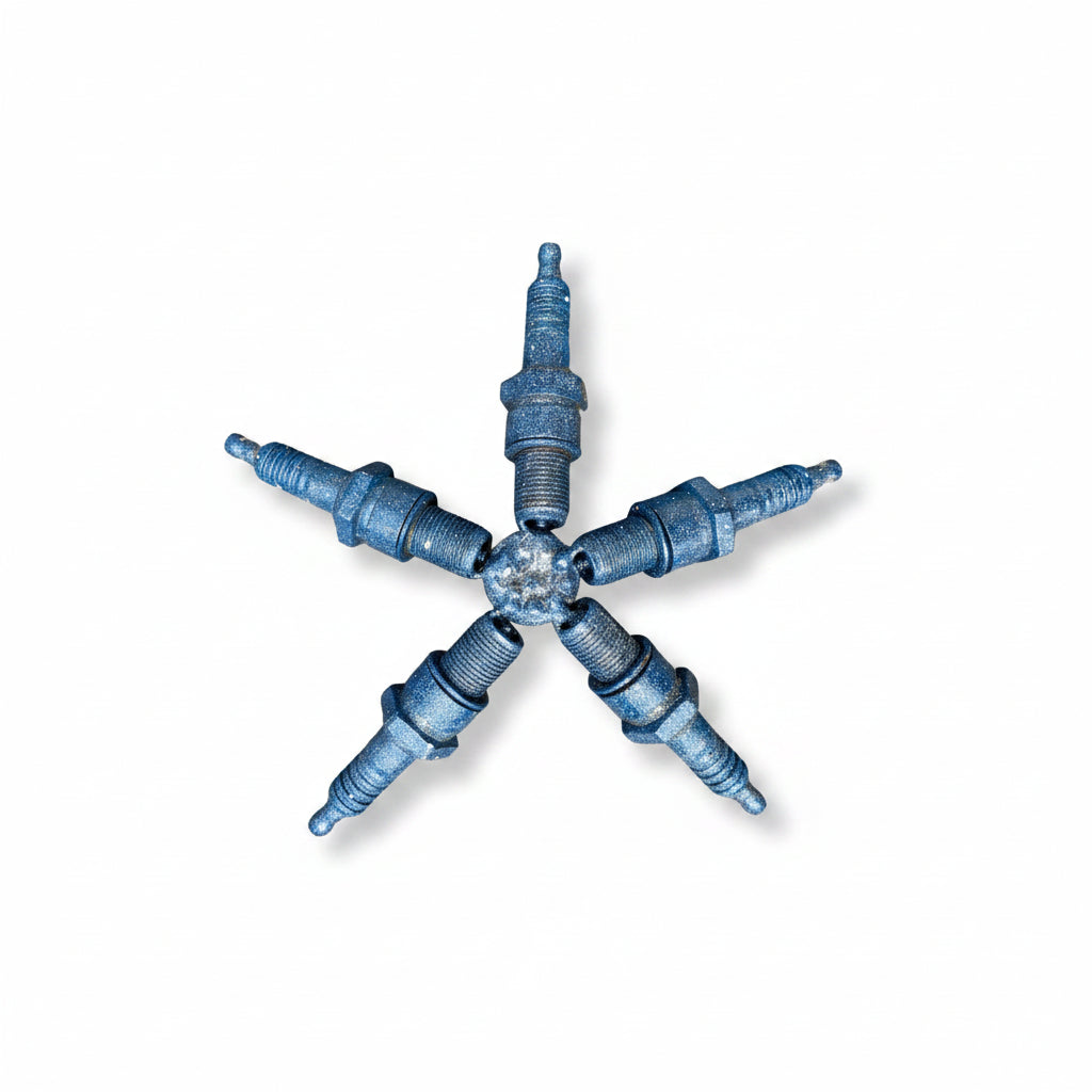 A blue sea star made of spark plugs. 