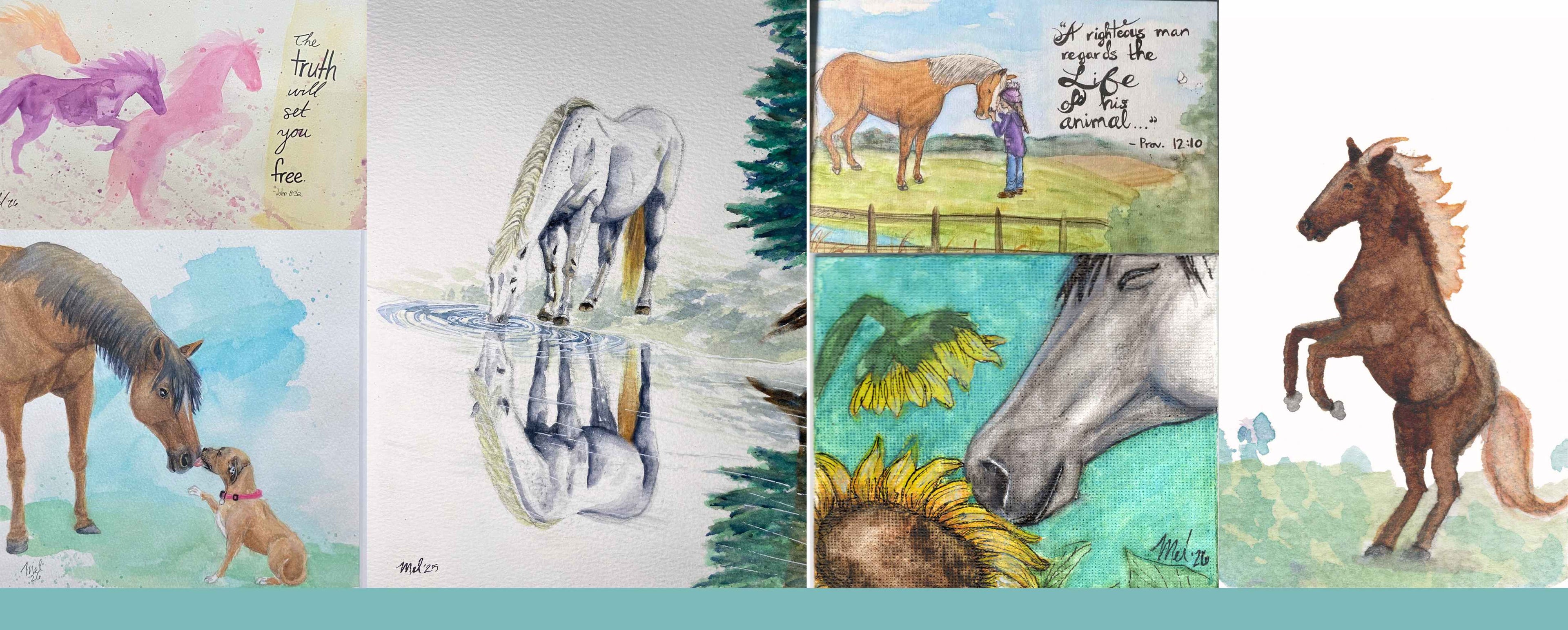 A collage of six watercolor-style horse paintings and illustrations. The artworks depict horses in various poses, including a brown horse's face being licked by a dog, a reflective white horse, a horse in a field, a close-up of a horse face with sunflowers, and a brown horse rearing up.