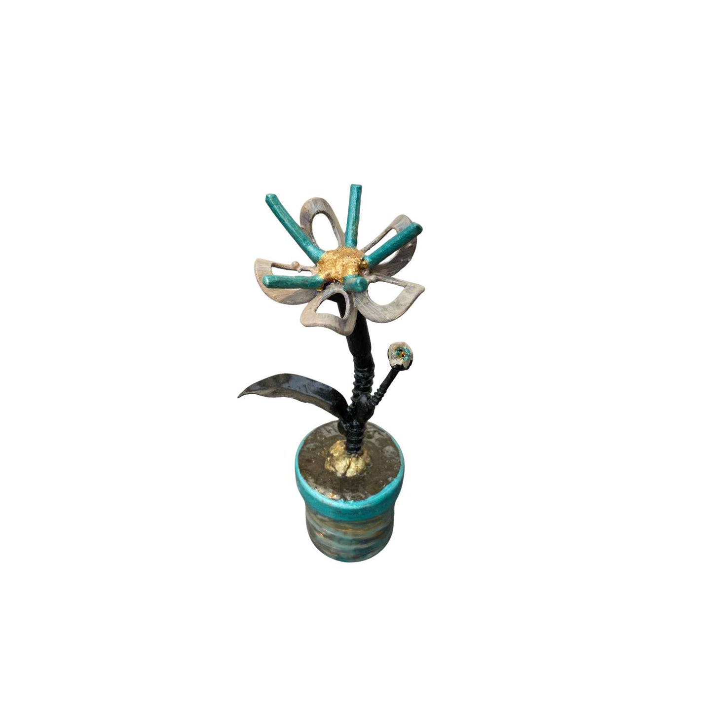A decorative metal flower sculpture with turquoise, gold, and silver elements, set against a plain white background.