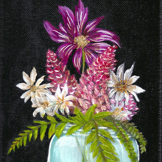 An acrylic painting of fresh cut wildflowers and foliage in a blue mason jar vase painted on a small canvas.