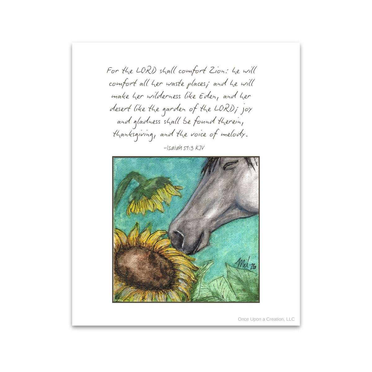 A white art print featuring a Bible verse from Isaiah 51:3 in brown script above a watercolor illustration of a horse and sunflowers. The print is centered on a clean white background.