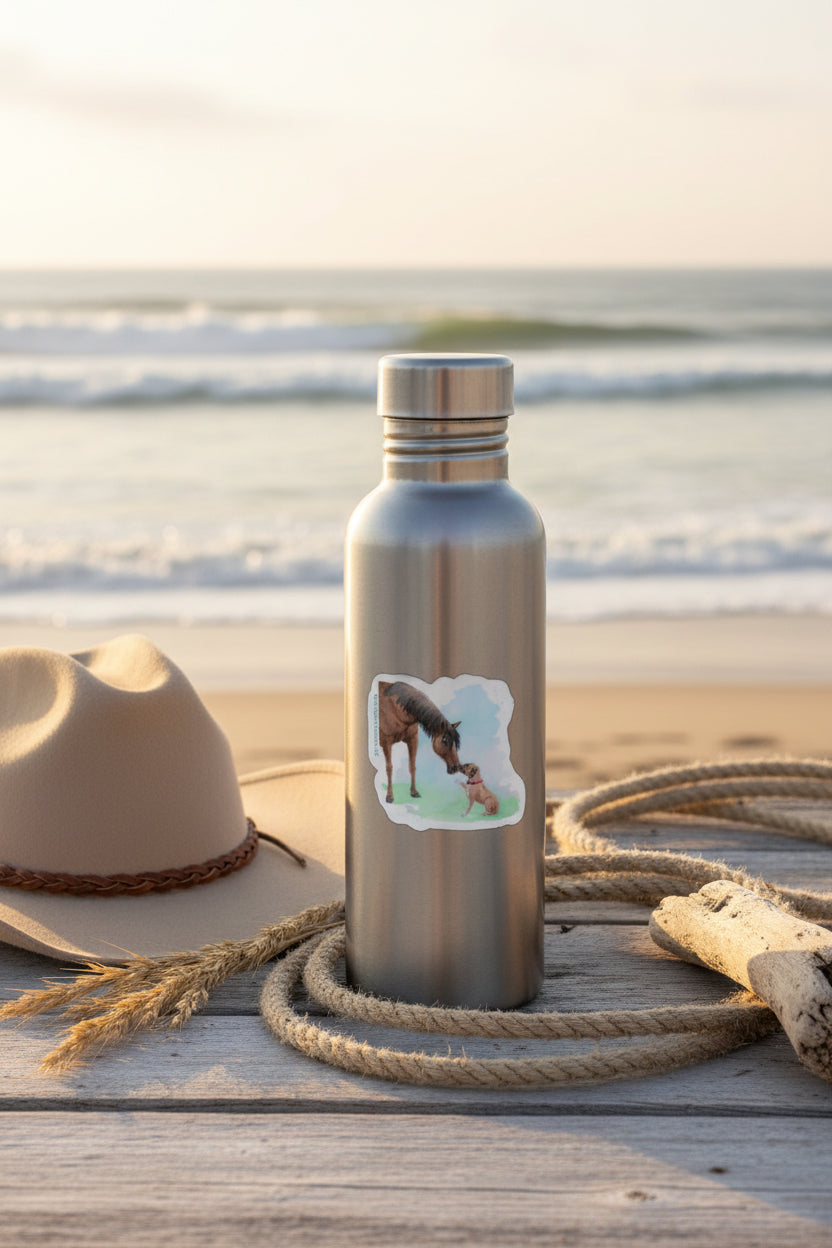 White sticker wtih a horse and dog touching noses in a watercolor illustration design. The sticker is on a metal water bottle next to a wool cowboy hat and lariat rope wtih an ocean view. 