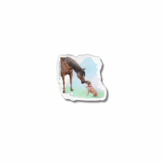 A vinyl sticker featuring a watercolor illustration of a brown horse with black mane being licked by a tan medium sized rescue dog.