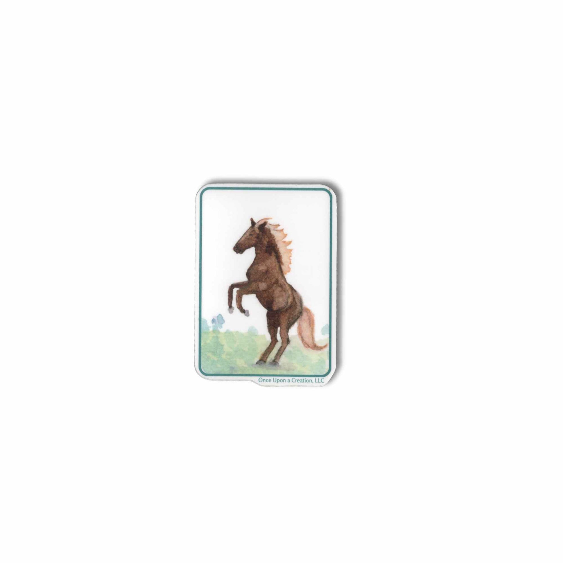 A small rectangular product with rounded corners featuring an illustration of a brown horse rearing up, shown on a plain white background.