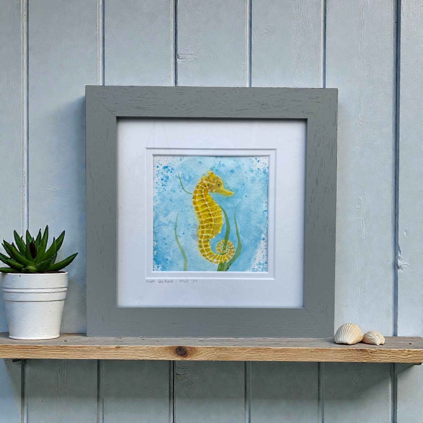 Kuda Seahorse - Original Watercolor Artwork - Framed 10x10"