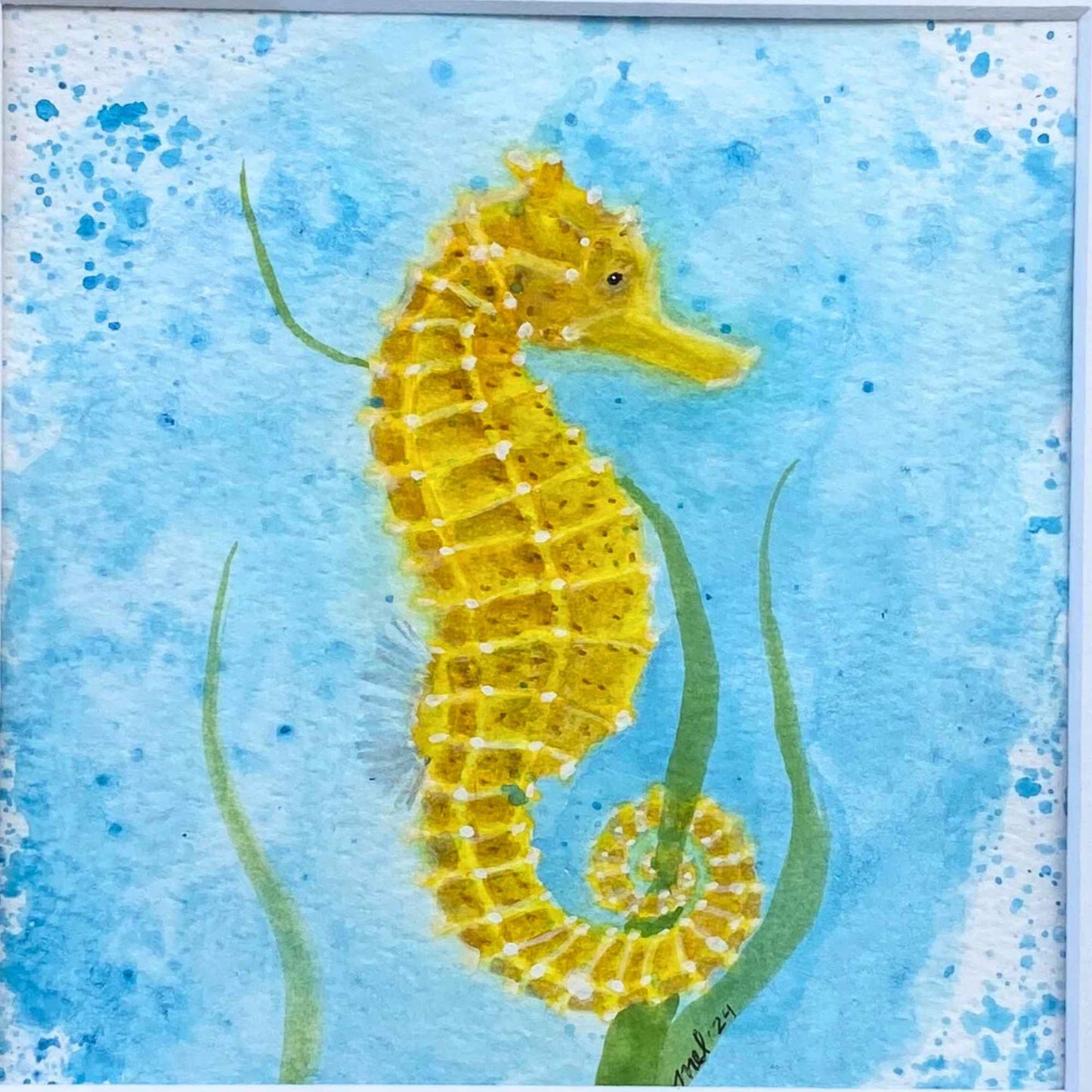 Kuda Seahorse - Original Watercolor Artwork - Framed 10x10"