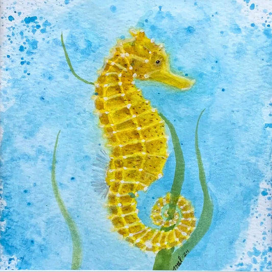 Watercolor painting of a yellow seahorse swimming among green seaweed on a textured light blue background.