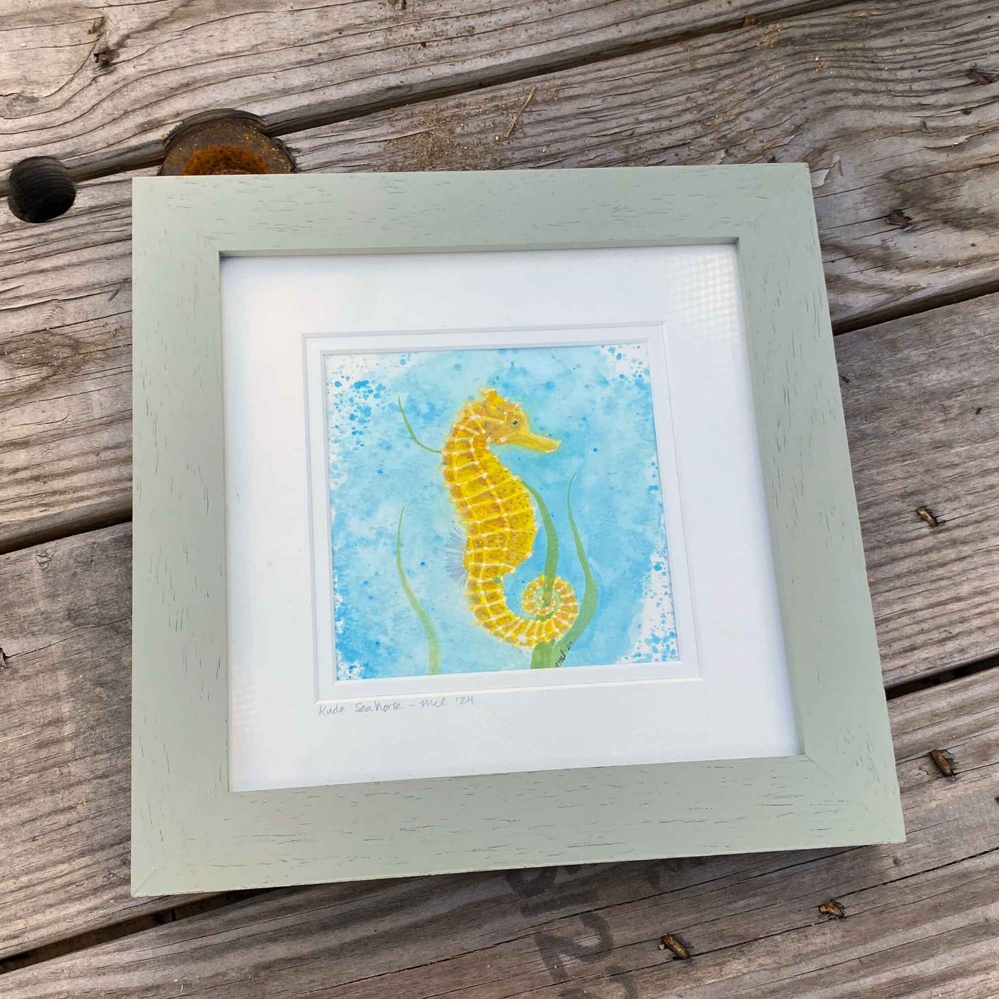 Kuda Seahorse - Original Watercolor Artwork - Framed 10x10"