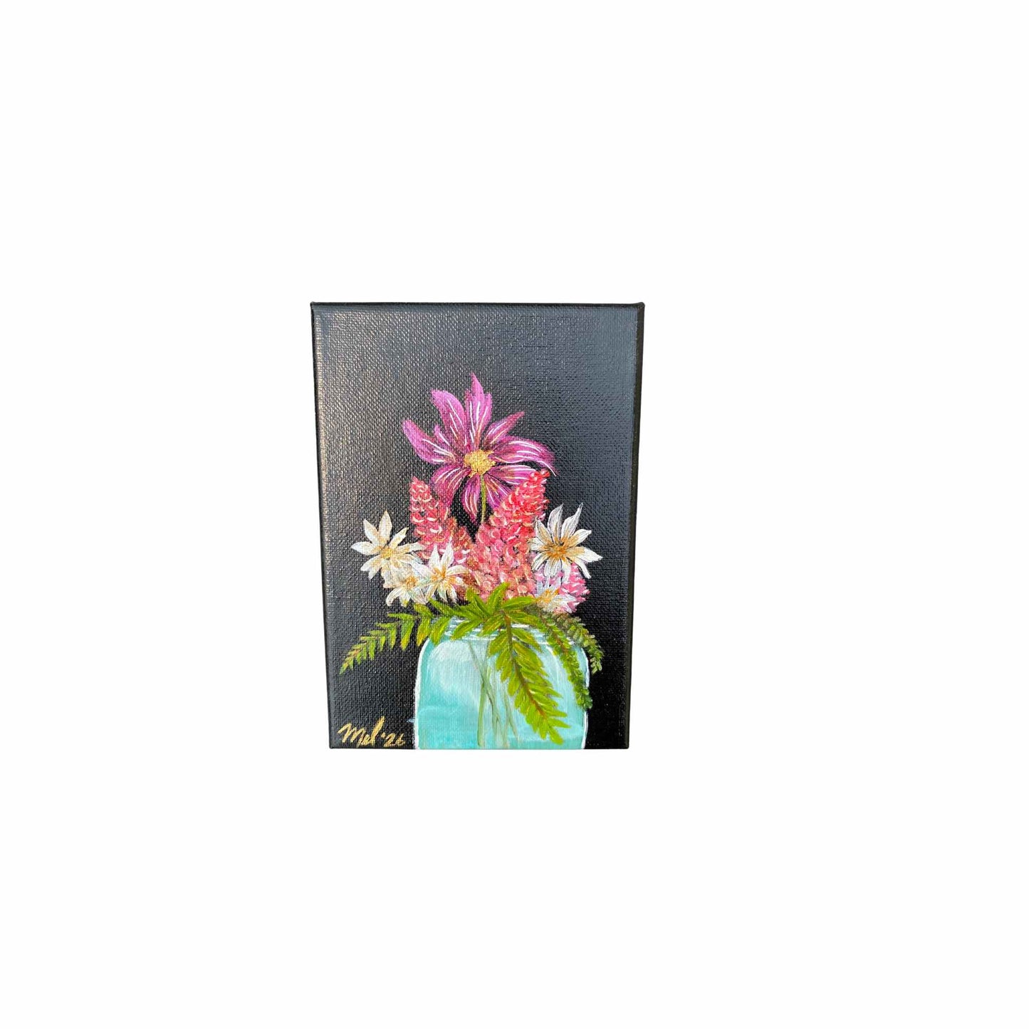 Blue Mason Jar Flowers - Acrylic on Canvas - 5x7"