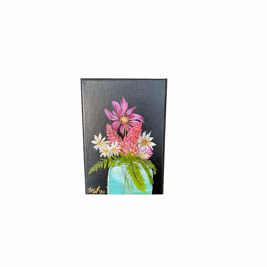 Blue Mason Jar Flowers - Acrylic on Canvas - 5x7"