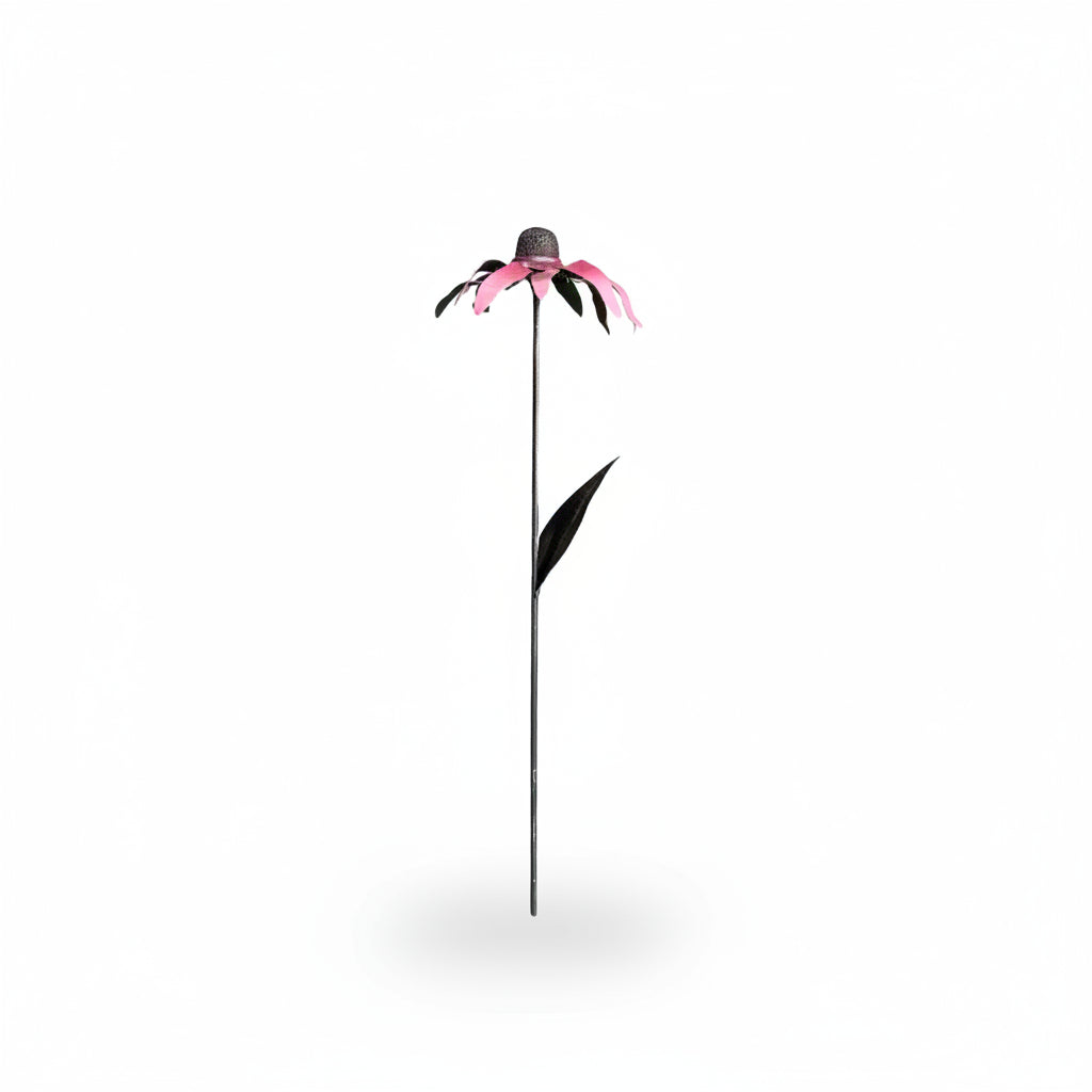 A metal pink cone flower that stands 24 inches tall and built for the elements in a flower garden.