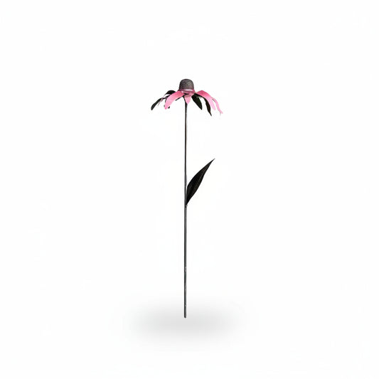 A metal pink cone flower that stands 24 inches tall and built for the elements in a flower garden.