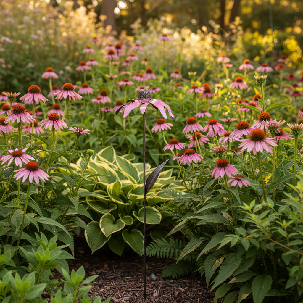 A single black metal pink coneflower, featuring pink petals and a black center, set against a flower garden of pink coneflowers.