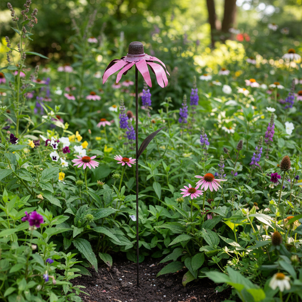 A metal garden stake flower decoration shaped like a pink coneflower, with pink petals, a dark metal center, and a long dark stem on a plain white background.