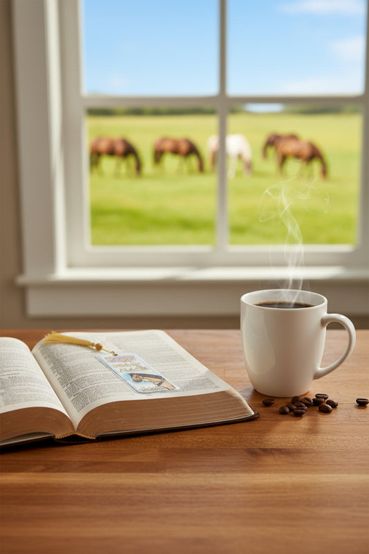 A rectangular laminated watercolor bookmark with a tassel, featuring the words 'Pray read ride' and an illustration of a horse.