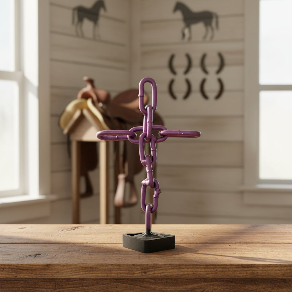 A purple metal chain link tabletop cross with a square black weight base.