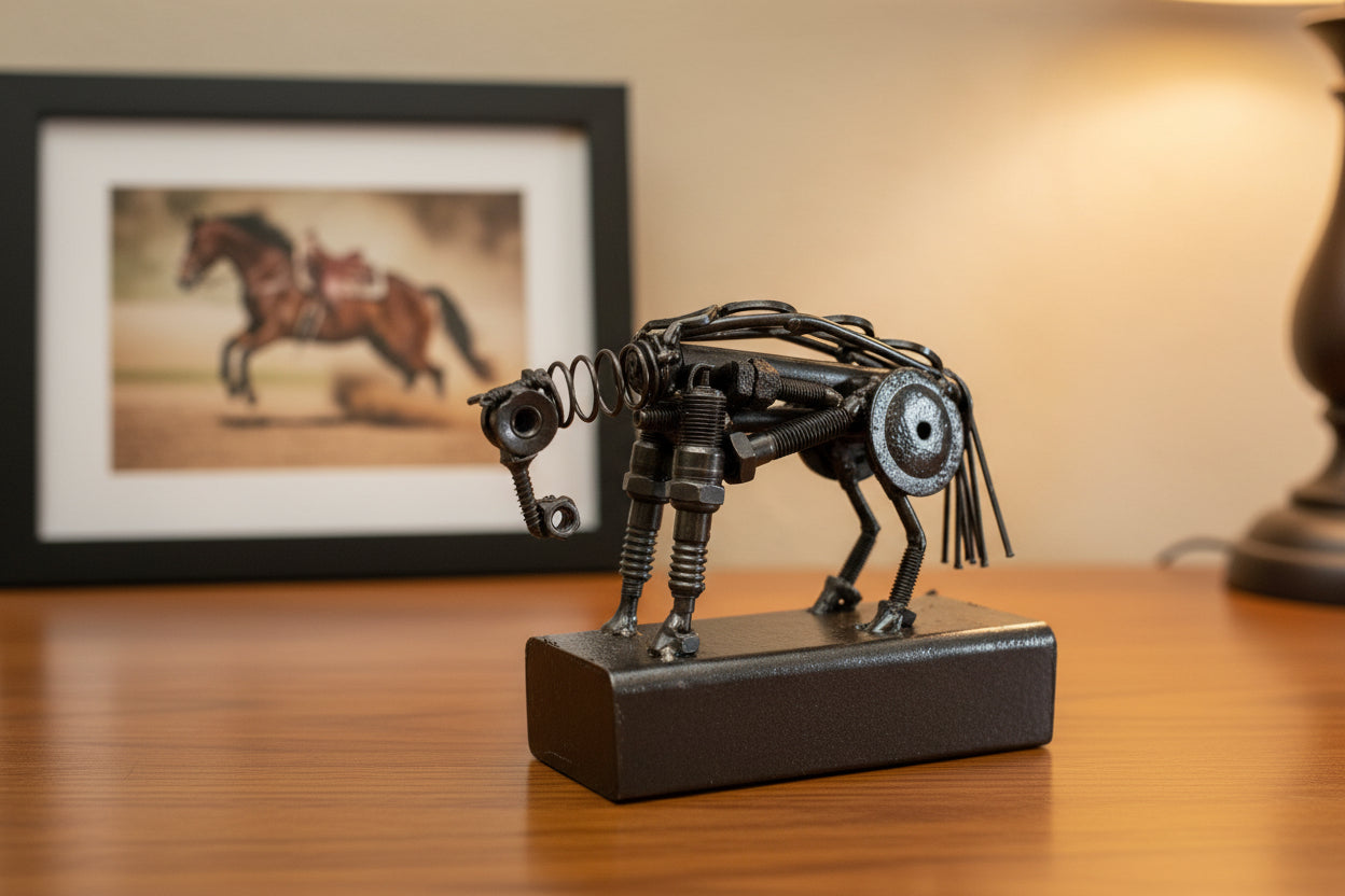 black scrap metal reining horse