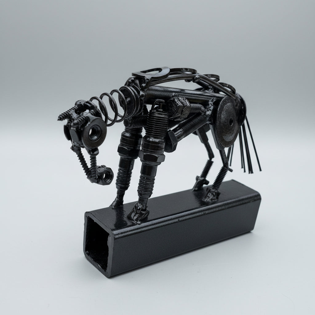 A black scrap metal reining horse mounted on square metal tubing.