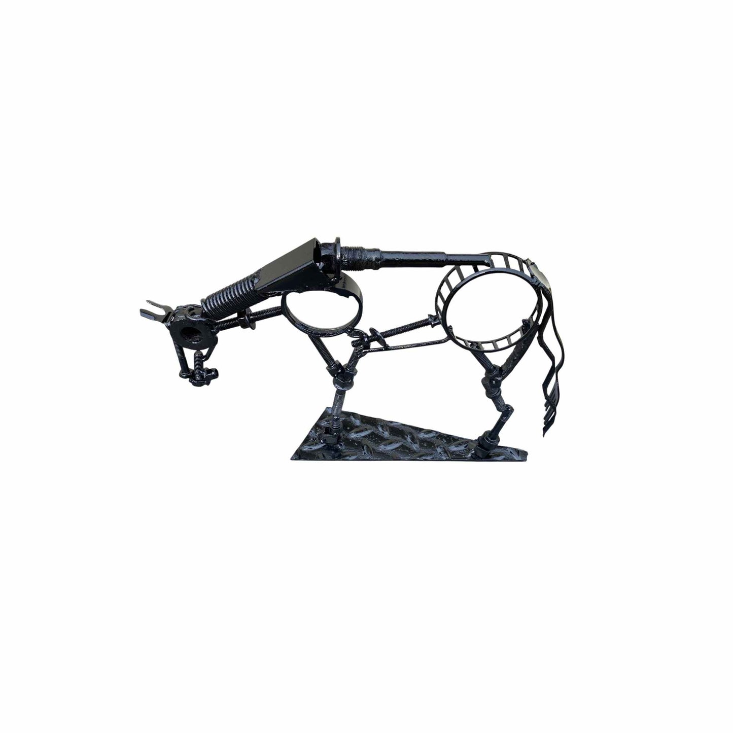 A black metal horse sculpture on a solid white background.