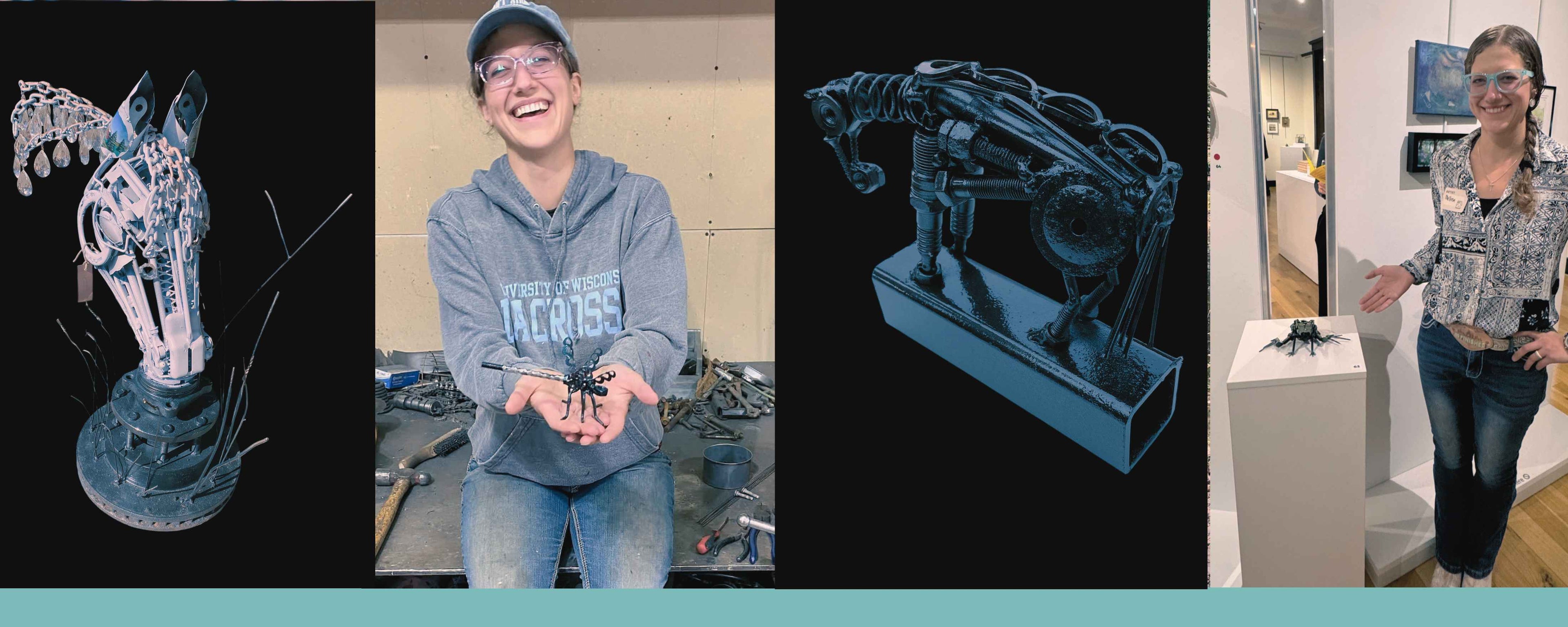 A collage showing various scrap metal options, including a white horse head, the artist holding a metal dragonfly, a reining horse sculpture and the artist standing next to a scrap metal frog that was displayed at Art by the Foot at the Center for Visual Arts in Wausau, WI