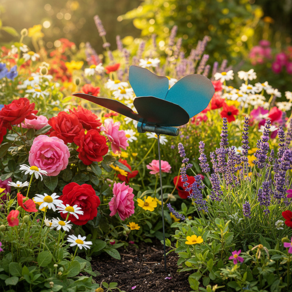 A teal and copper metal butterfly landscape ornament displayed among bright flowers.