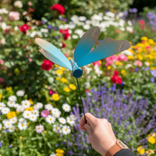 A hand holding a metal butterfly landscape art against a background of flowers.