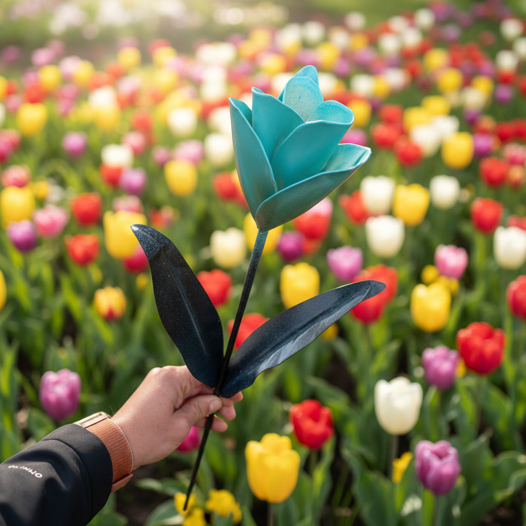 A hand holding a decorative metal tulip garden flower with turquoise-blue petals and black leaves against a background of tulips.