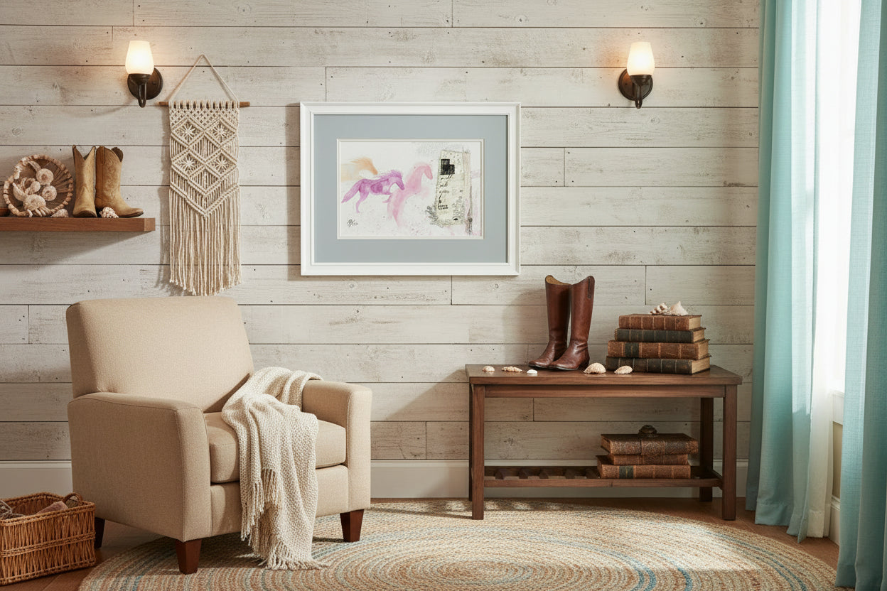 A framed watercolor painting featuring 3 wild horses in orange, purple and pink, placed in a coastal cowgirl room.
