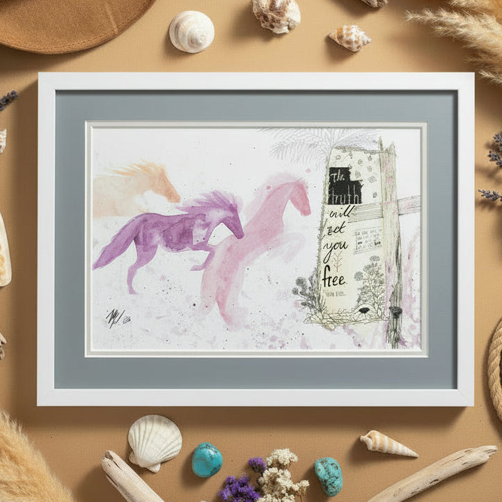 A double matted watercolor painting featuring three wild horses in purple, pink, and orange tones alongside a rustic wooden sign with the words 'The truth will set you free'. 