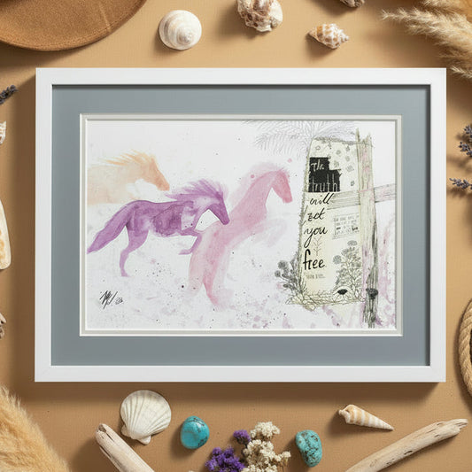 A double matted watercolor painting featuring three wild horses in purple, pink, and orange tones alongside a rustic wooden sign with the words 'The truth will set you free'. 