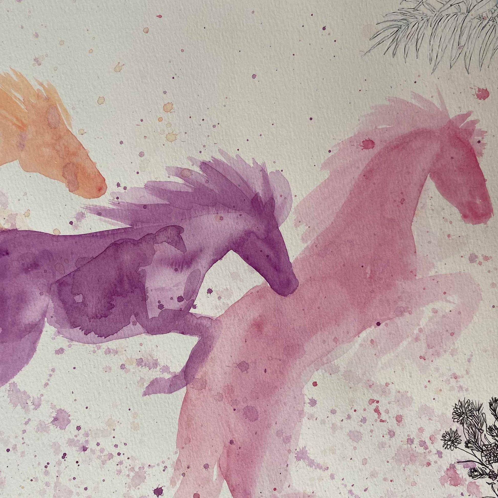 A closeup of watercolor wild horses.