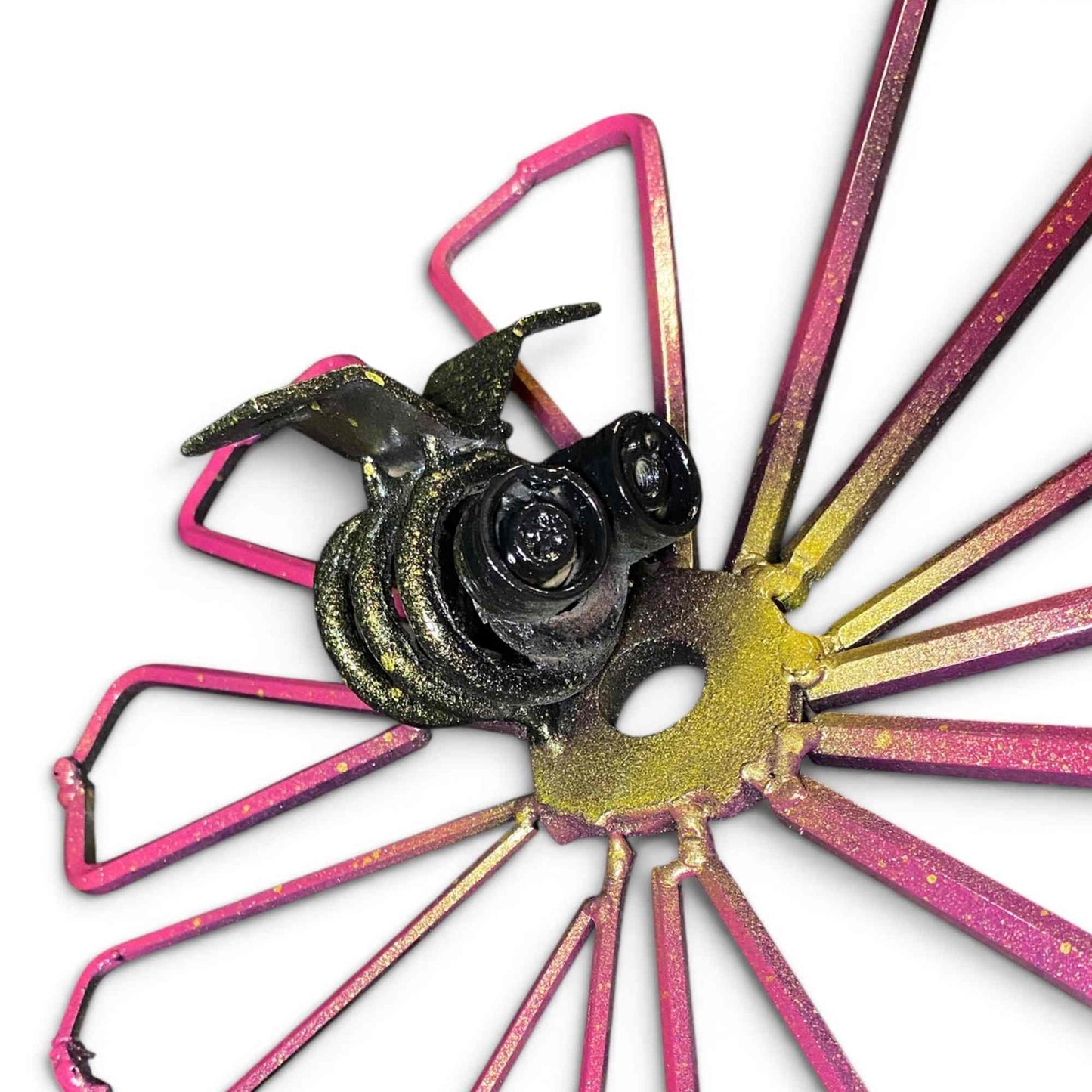 Wallflower - Bumble Bee on Pink Flower - Scrap Metal Sculpture - Wall Art 18"