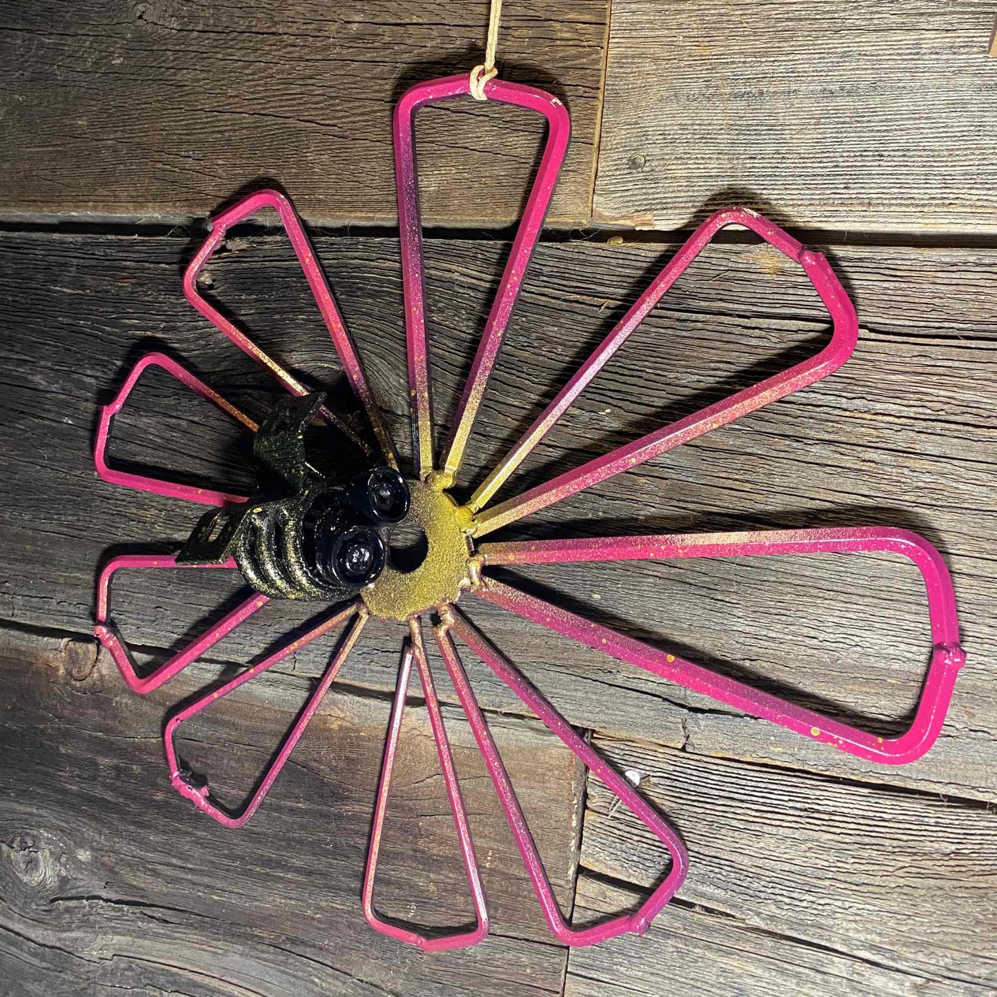 Wallflower - Bumble Bee on Pink Flower - Scrap Metal Sculpture - Wall Art 18"