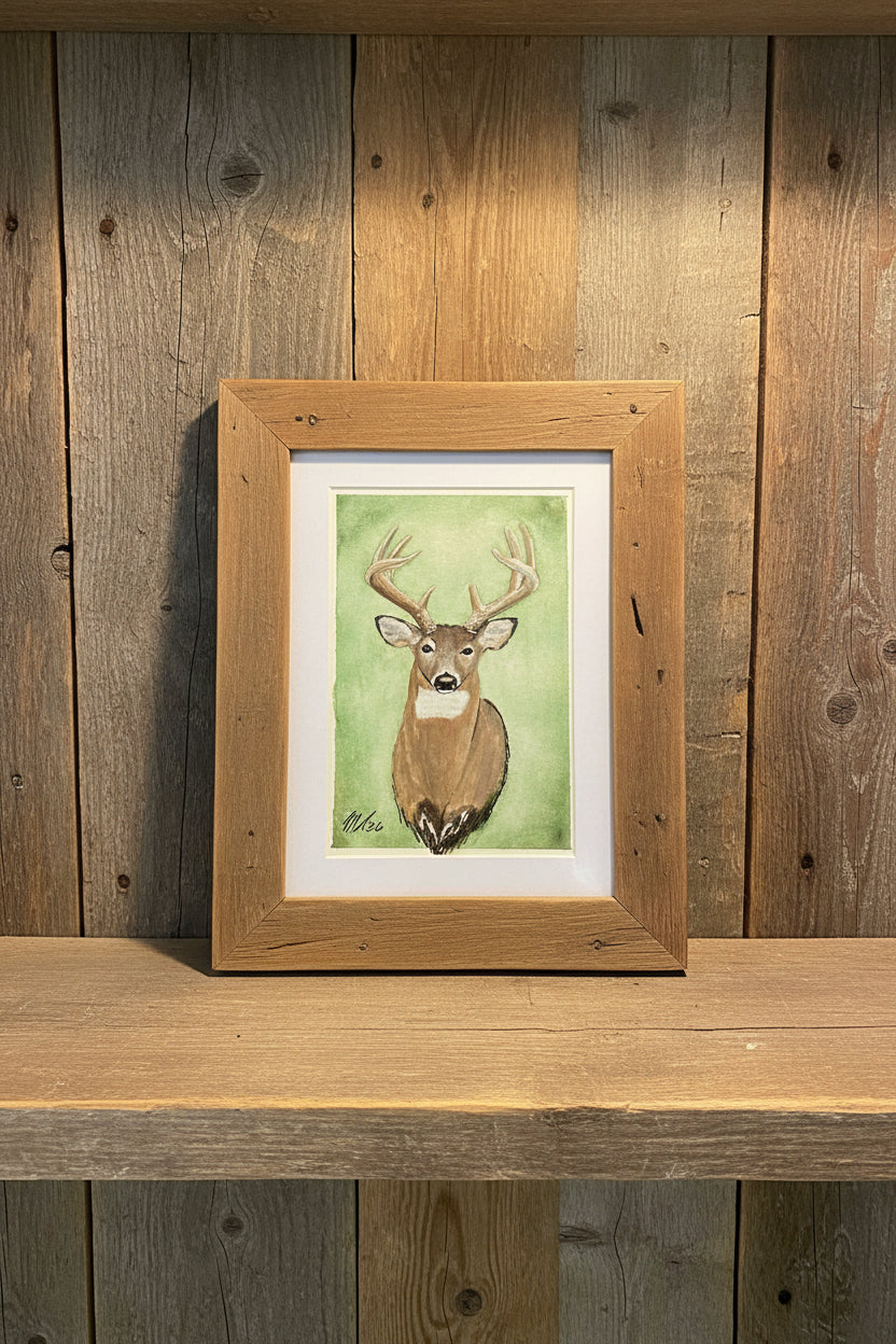A matted art print featuring a painted deer head with antlers on a green background.